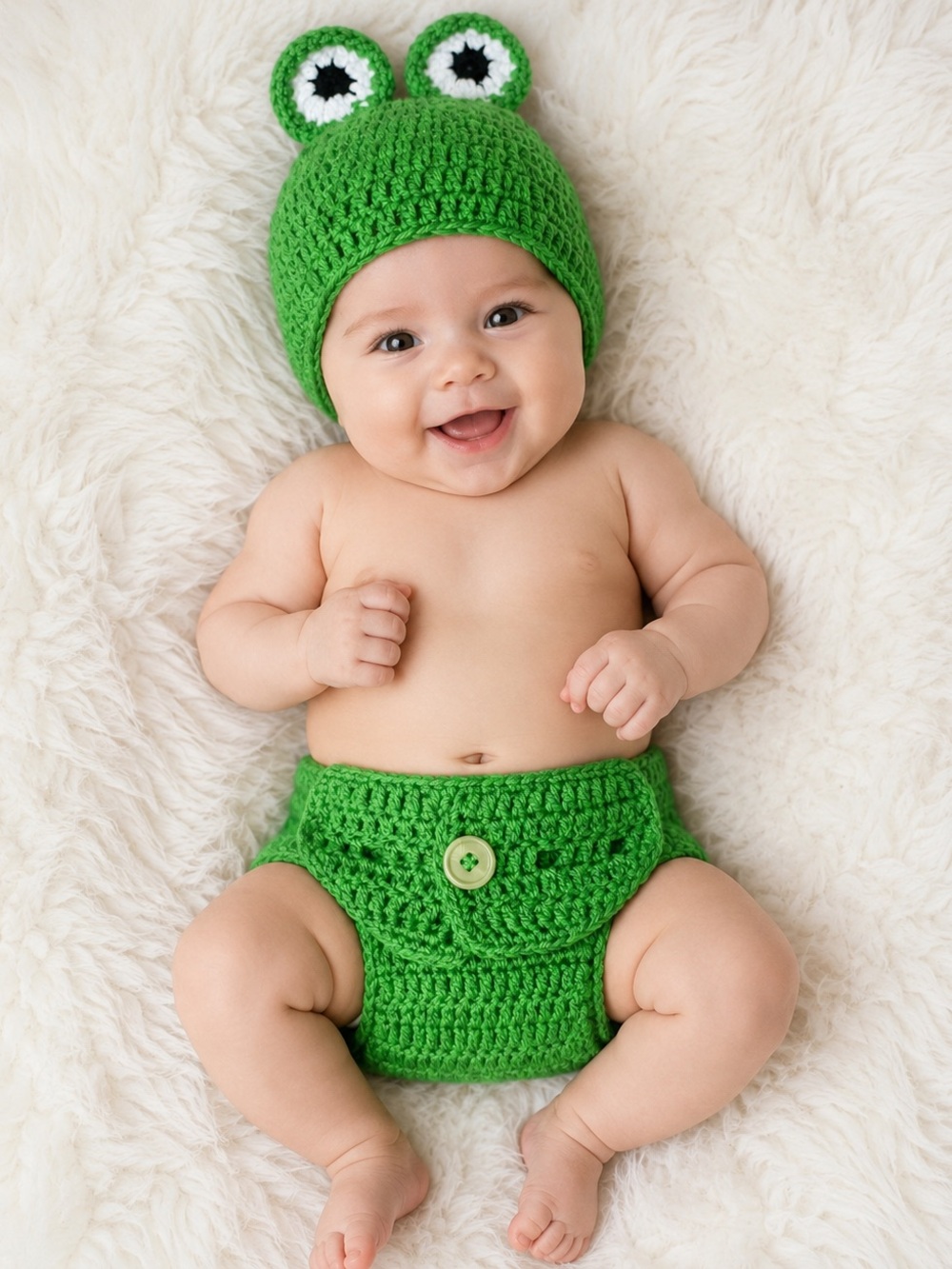 Handmade Green Frog Crochet Baby Diaper Cover and Hat Set-Small